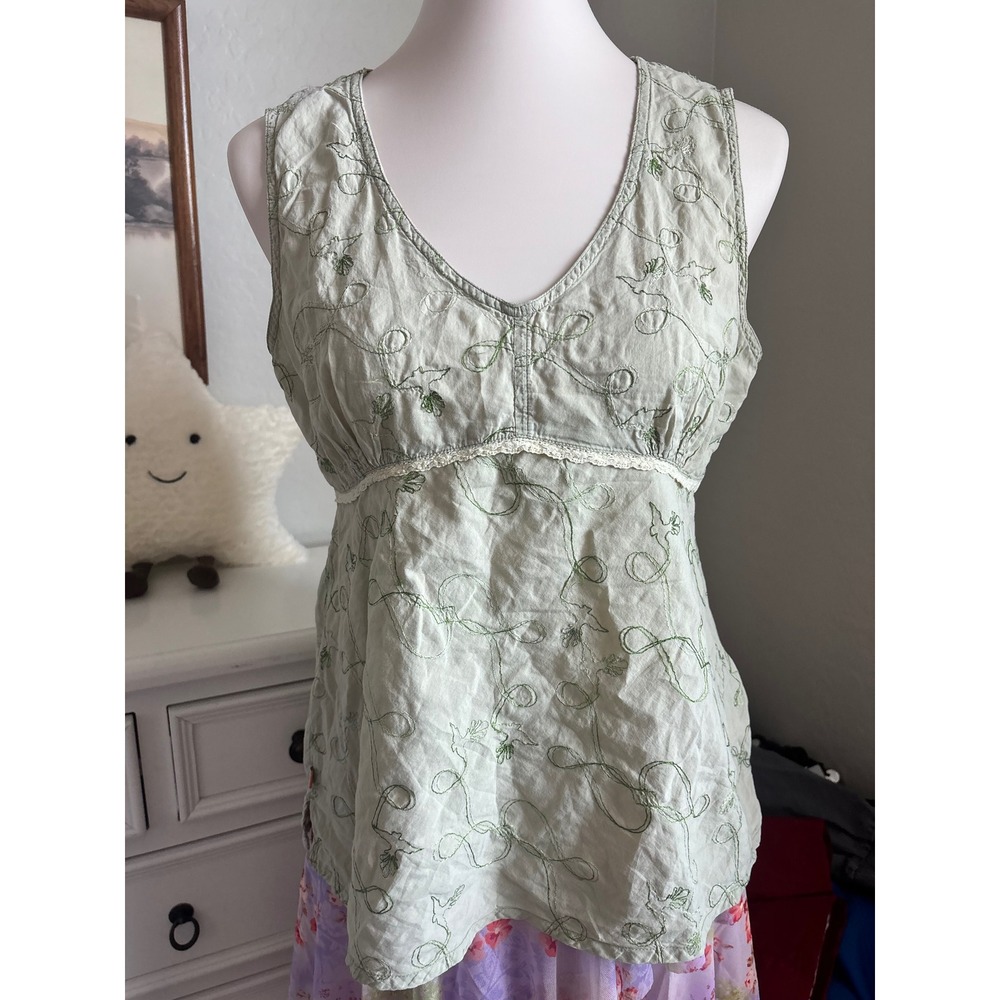 Cottagecore Fairycore Boho Top Horny Toad Sage Green Embroidered Cotton Tank M